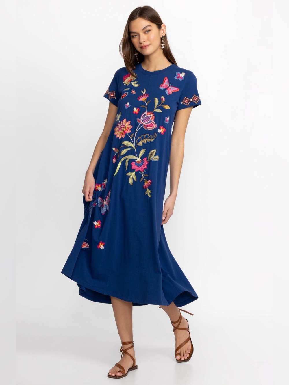 Johnny Was Gracey Crew Neck Swing Dress Royal Blue Embroidered Floral Midi XS